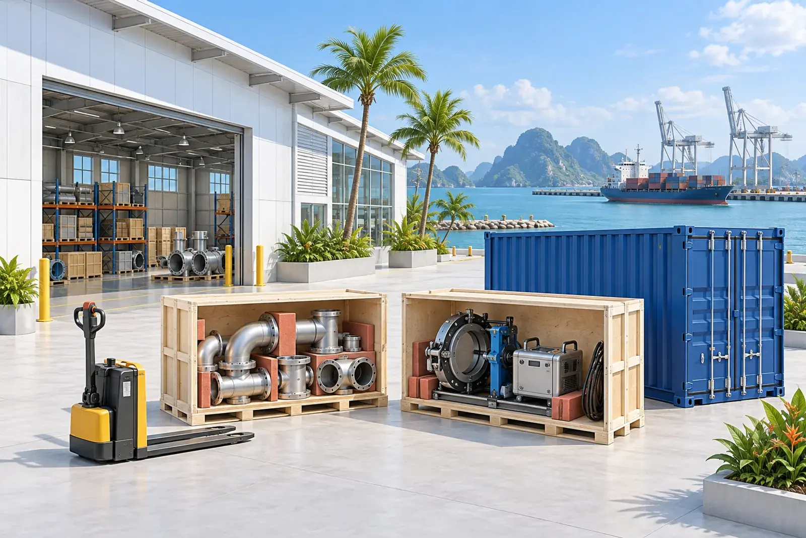 Concept illustration of equipment supply and logistics in a tropical coastal setting, not an actual company facility.