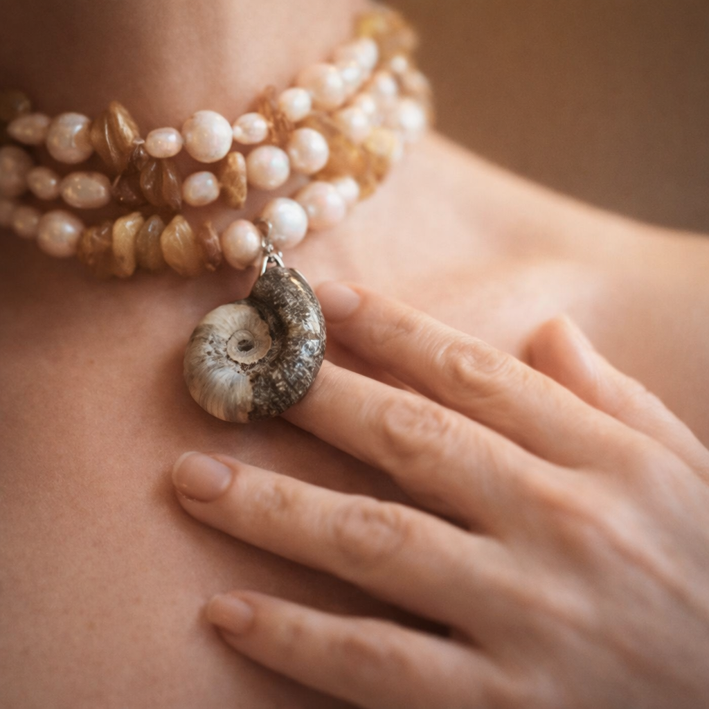 ammonite pendant on skin woman touching fossil jewellery close up