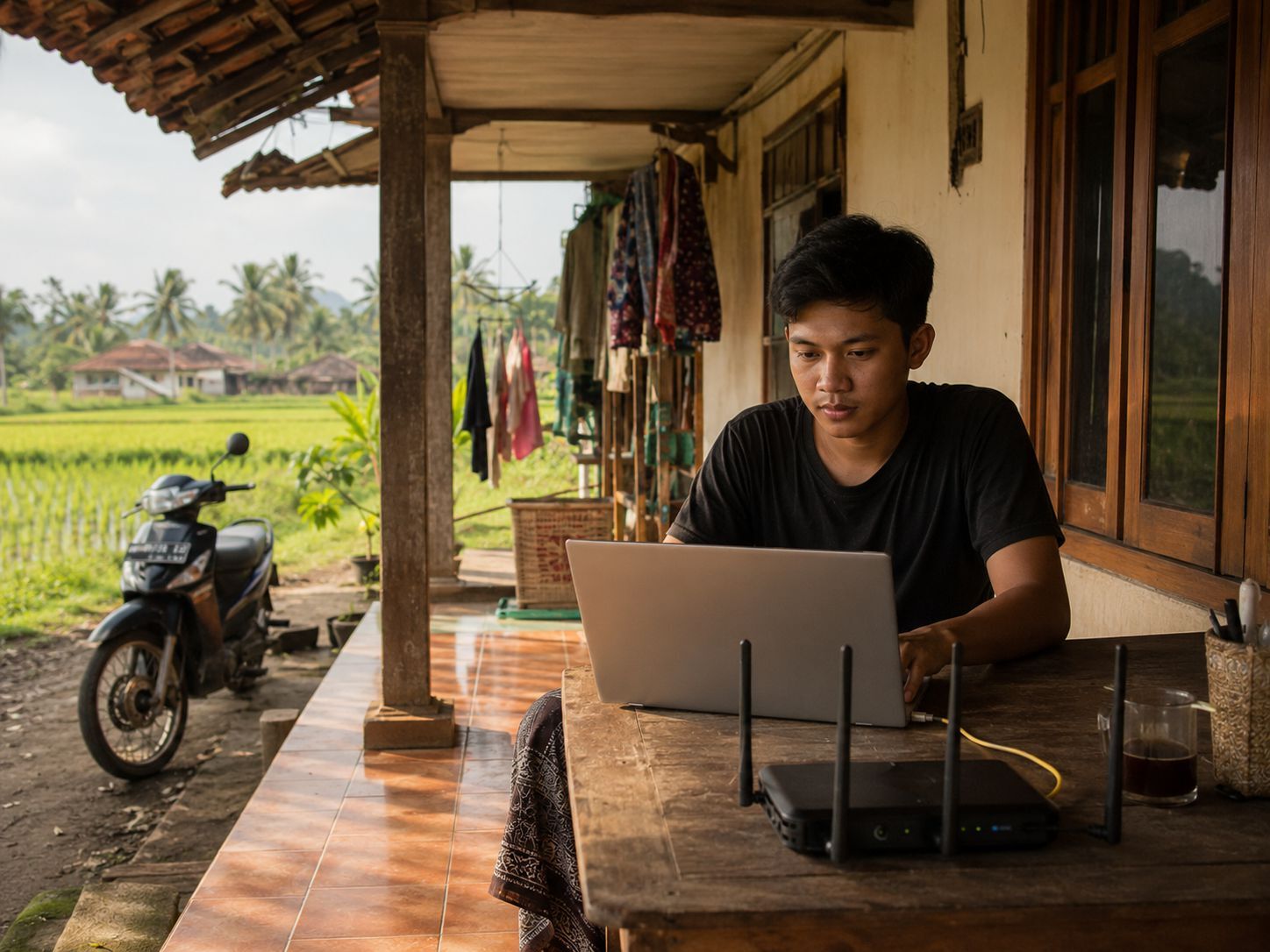 anak muda bekerja dari rumah di kampung Indonesia