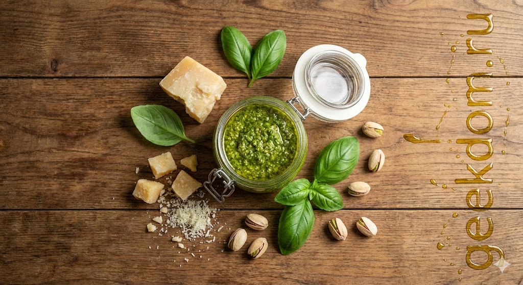 Банка свежего фисташкового песто на деревянном столе с базиликом