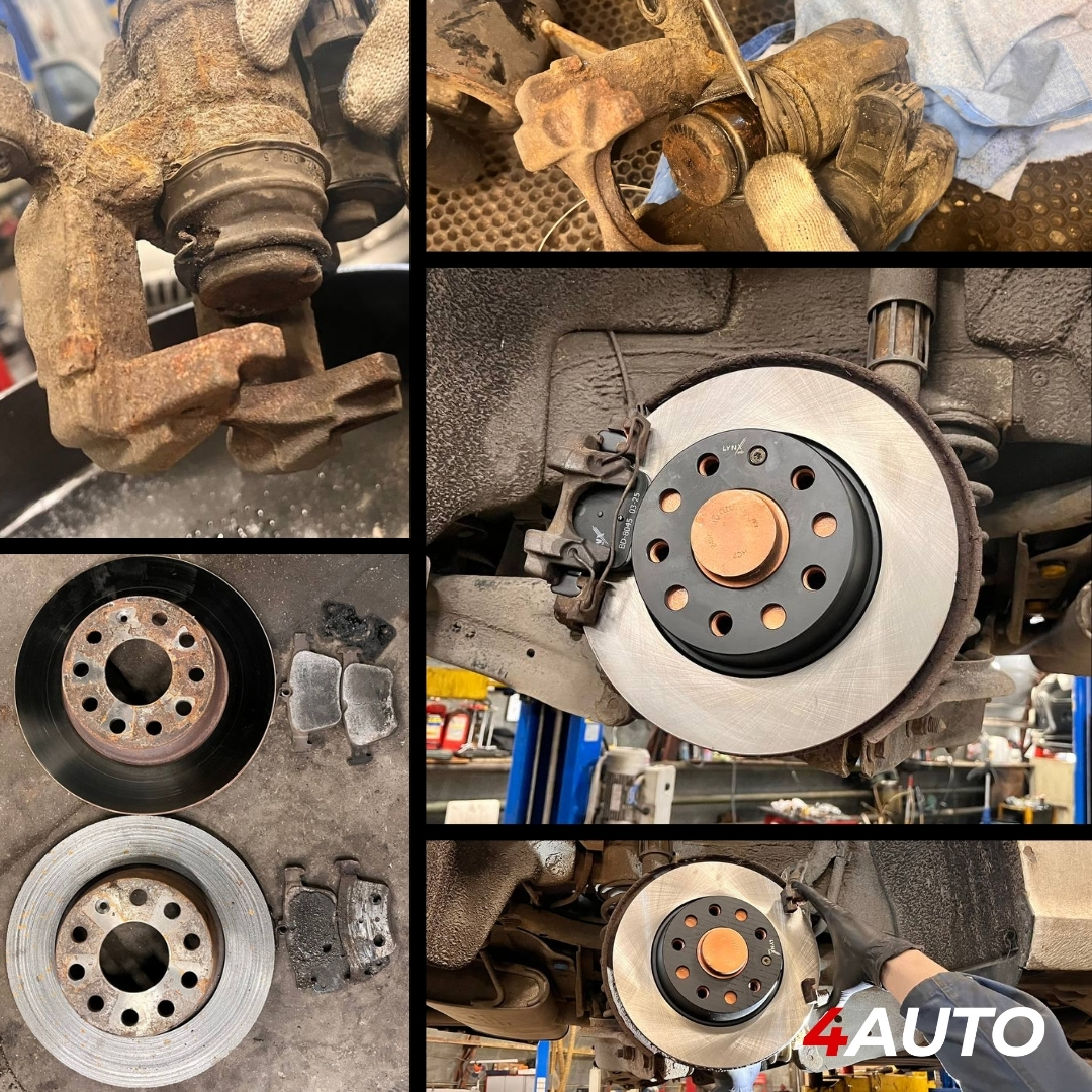 Процесс замены заднего тормозного диска Audi A3: механик в перчатках снимает заклинивший суппорт с повреждённым пыльником, рядом на верстаке лежат старые изношенные колодки и новый ремкомплект.