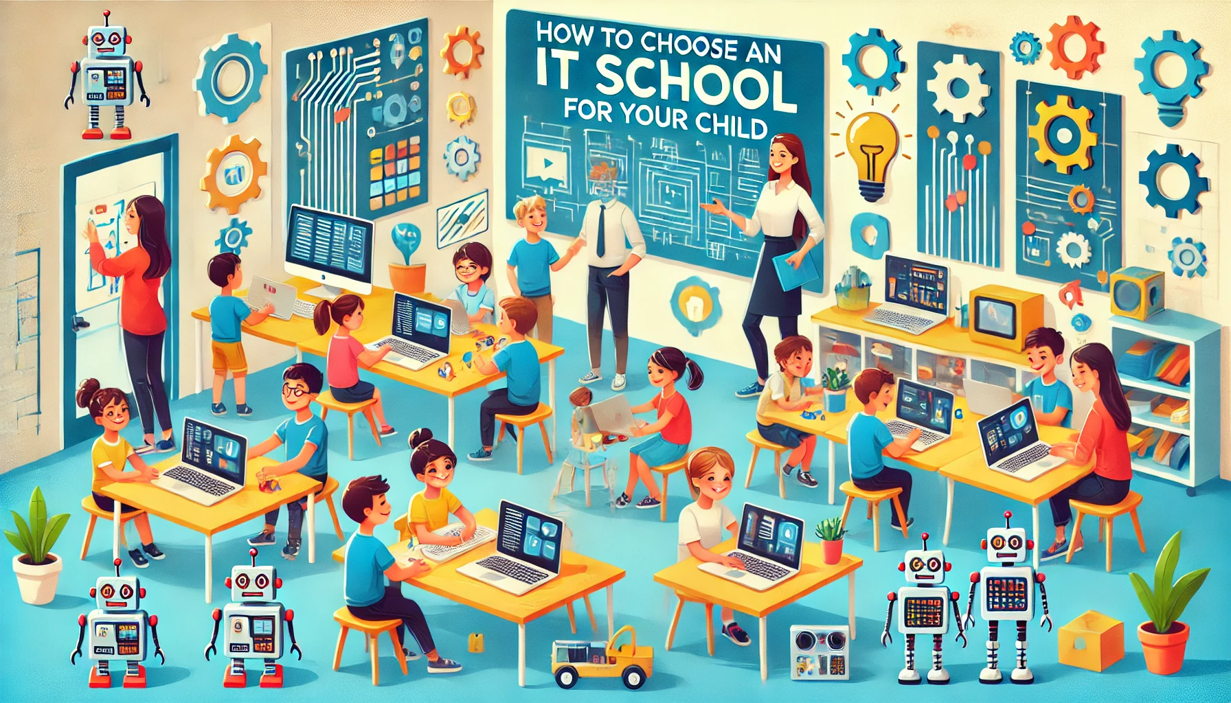 Дети в классе на уроке программирования и робототехники сидят за компьютерами.