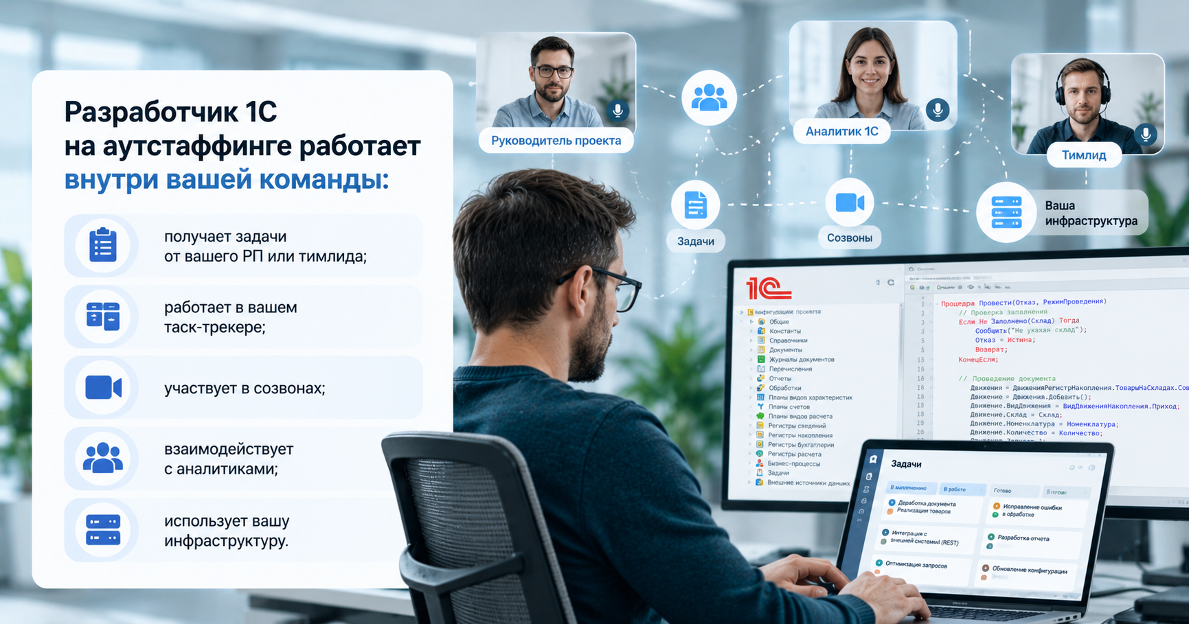 Разработчик 1С на аутстаффинге работает внутри команды заказчика