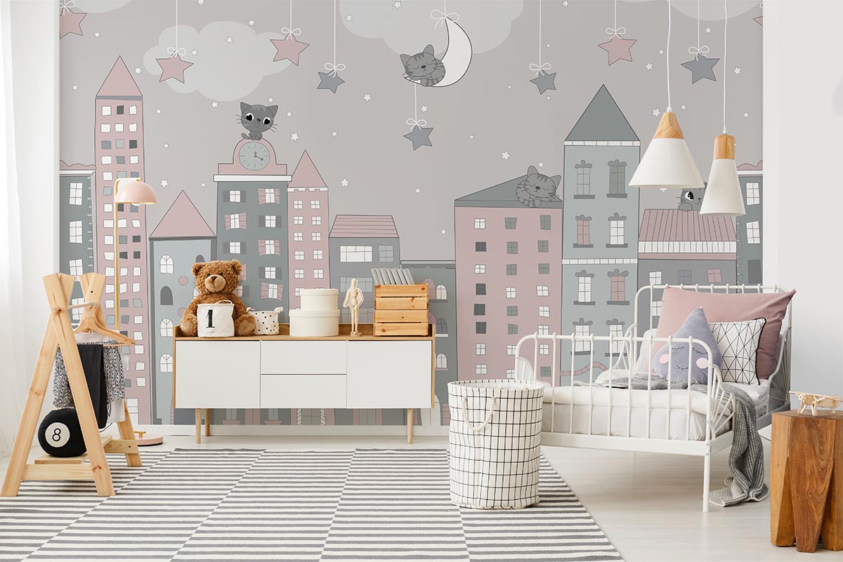 Детские обои с кошками и домиками