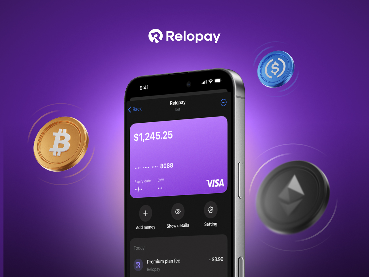 ReloPay Crypto Card on Visa network for payments with Bitcoin, USDT, and Ethereum