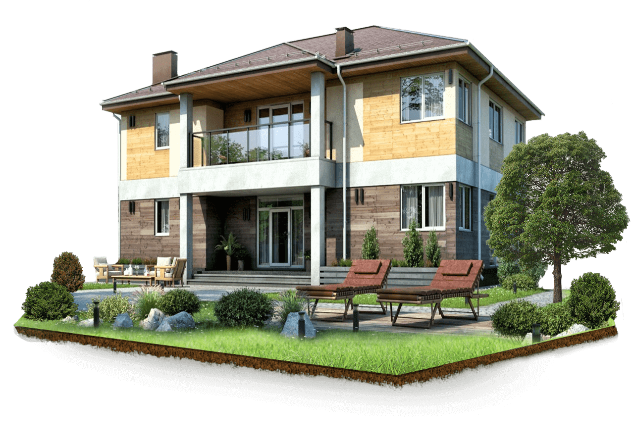 Хороший дом с балконом и лужайкой