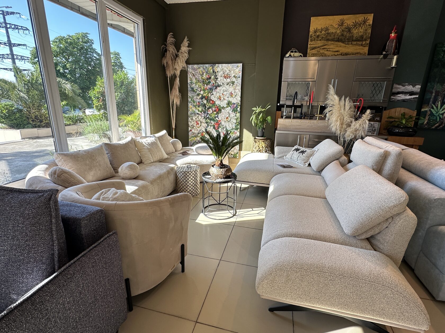 Showroom with pampas and green wall