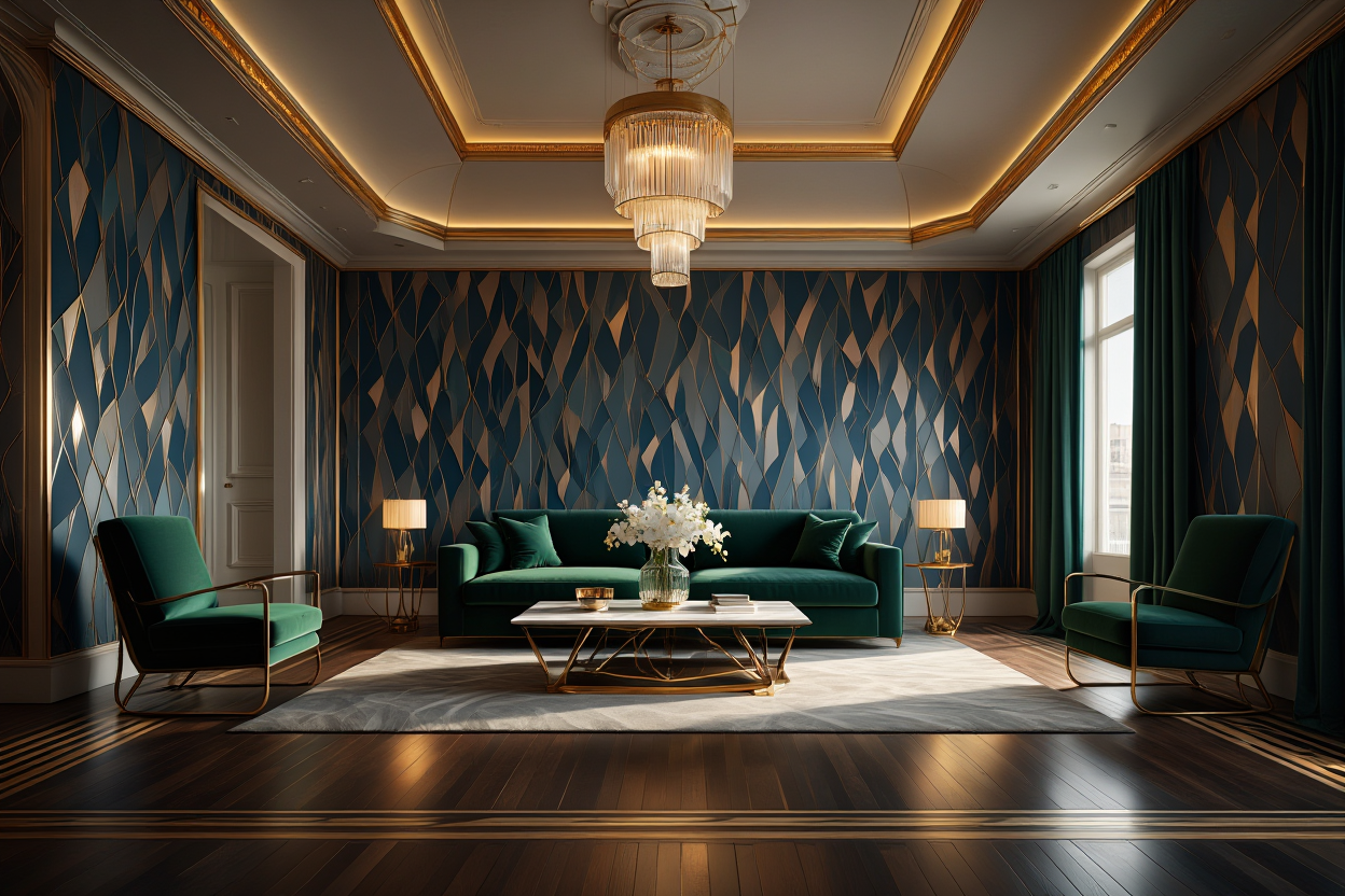 Интерьер современной гостиной с изумрудной мебелью, золотыми акцентами и геометрическим рисунком на стенах. Потолок с подсветкой, тёплое освещение создаёт атмосферу уюта и роскоши.
