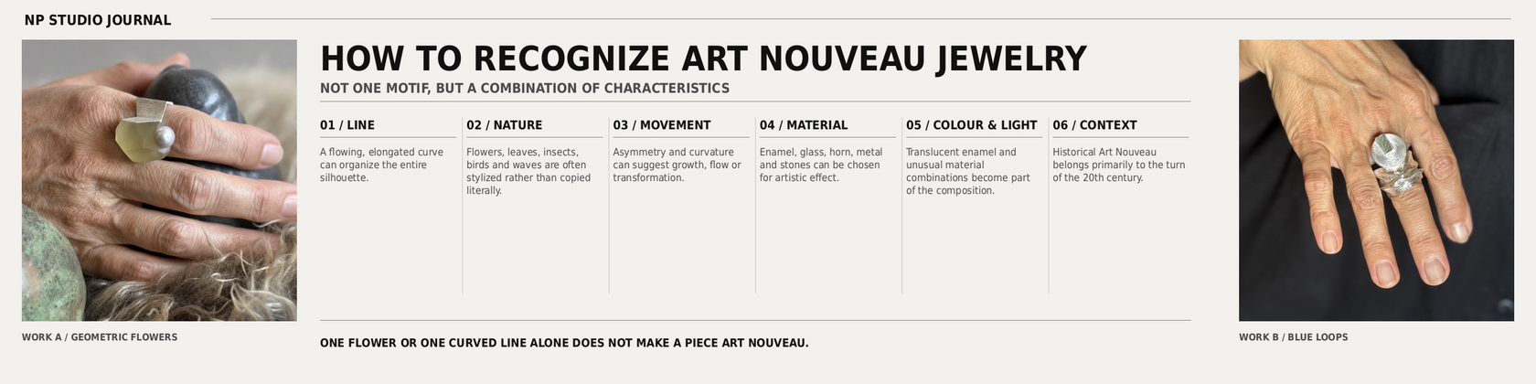 NP Studio infographic showing key characteristics of Art Nouveau jewelry: flowing line, nature motifs, movement, artistic material choices, colour and historical context.