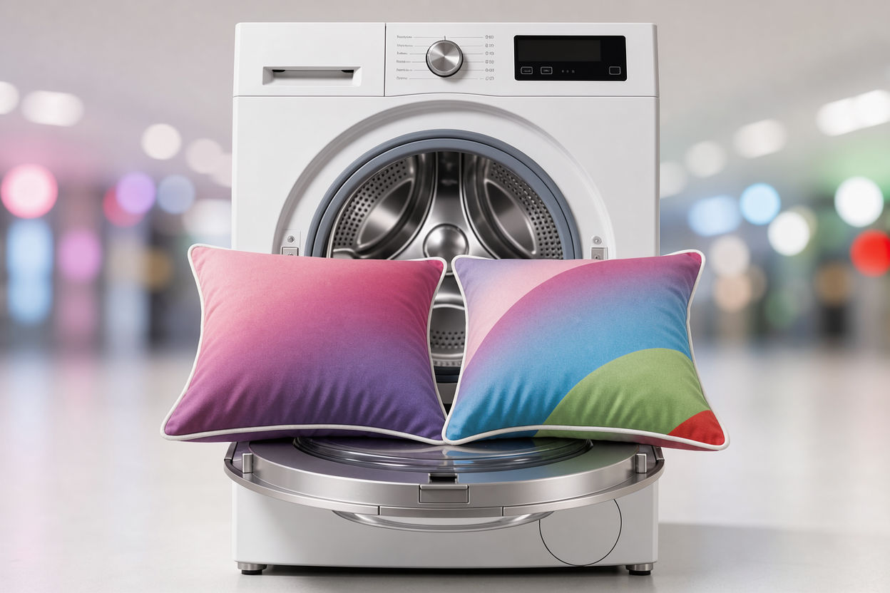 Two pillows side by side on the open door of a front-loading washing machine ready to be washed, no branding