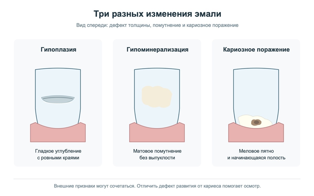 Схема различий между гипоплазией, гипоминерализацией и кариозным поражением эмали