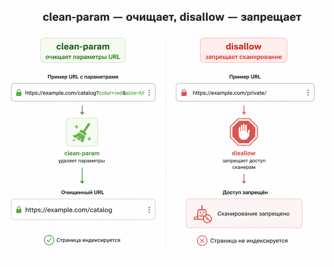 Схема сравнения директив clean-param и disallow