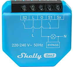 Внешний вид Wi-Fi реле Shelly 1L Gen3: клеммы L, O, Sx, S1 и S2
