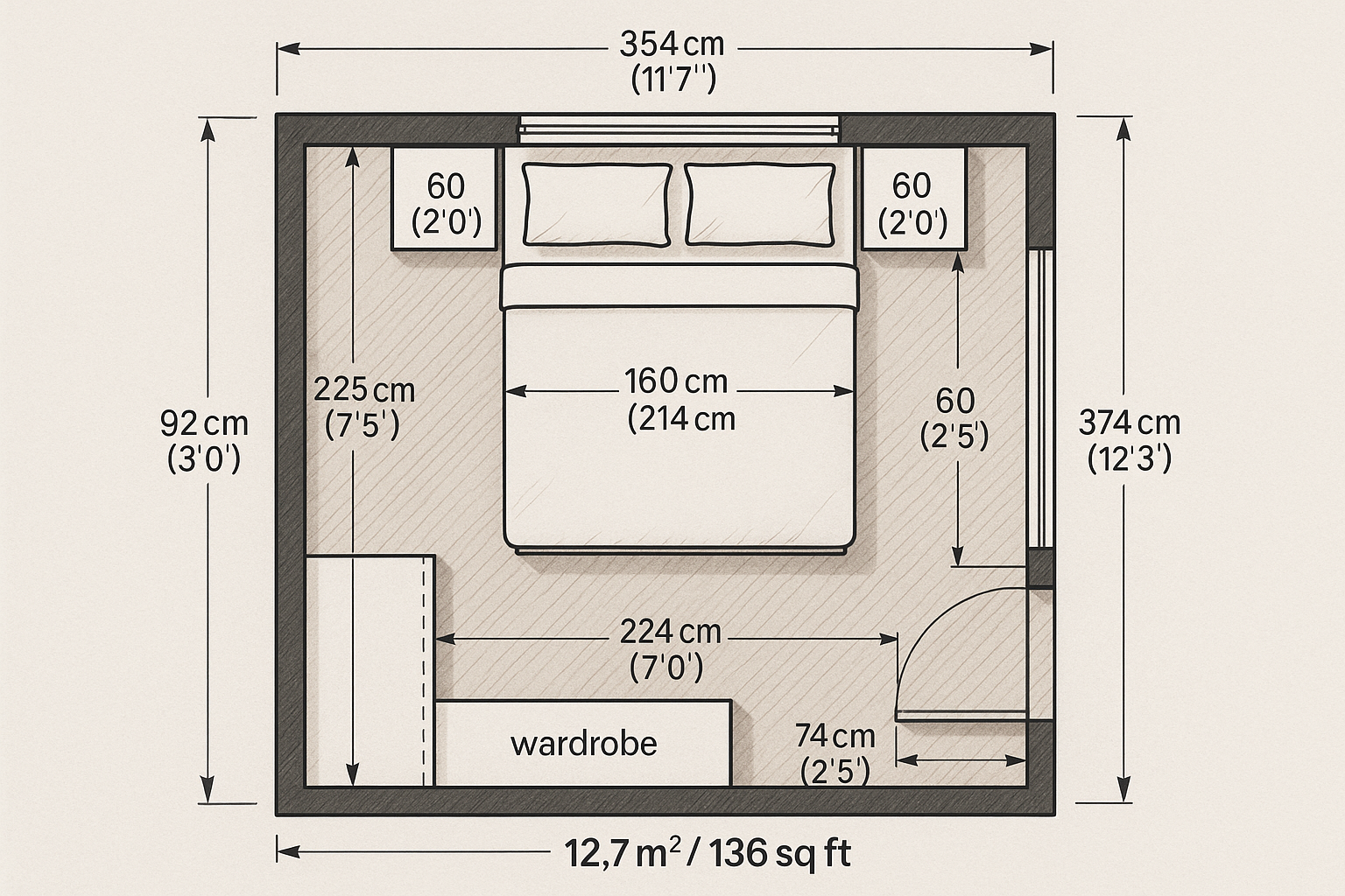План спальни с комфортной расстановкой мебели и света