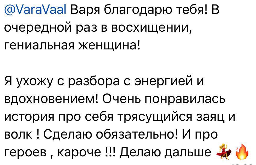 Сообщение участницы: после разбора появилась энергия и вдохновение продолжать
