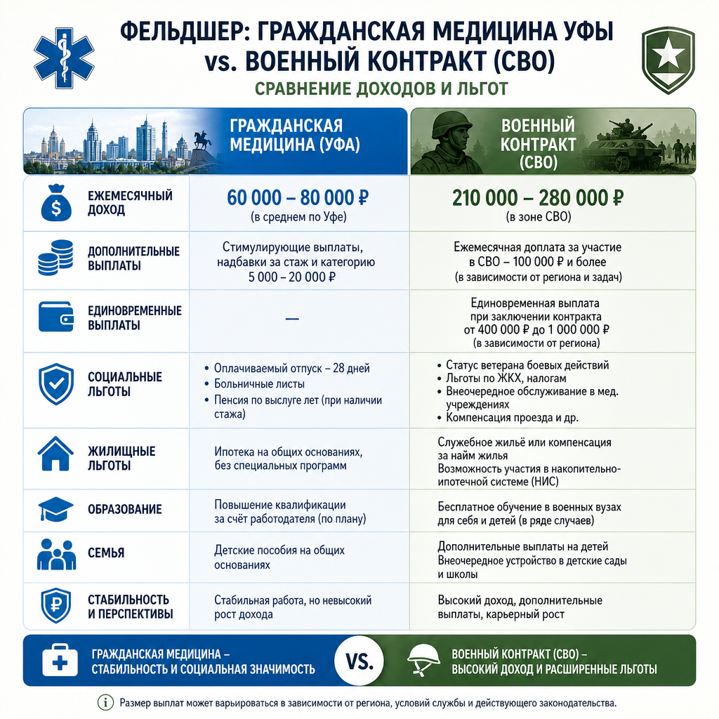 Инфографика — сравнительная таблица доходов и льгот для фельдшера: гражданская медицина Уфы vs. военный контракт СВО, визуализация в виде инфографики с иконками и цифрами