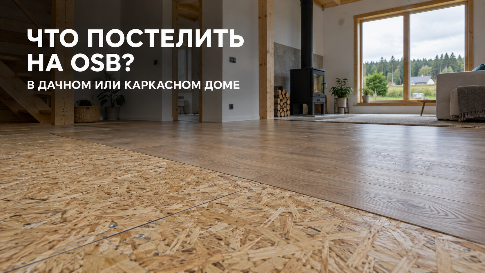 Основание из OSB и готовое напольное покрытие под дерево в интерьере современного каркасного дома — выбор пола для дачи в 2026 году.