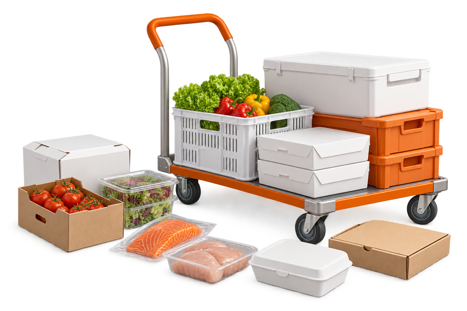 Тележка поставки и закрытые упаковки продуктов — иллюстрация