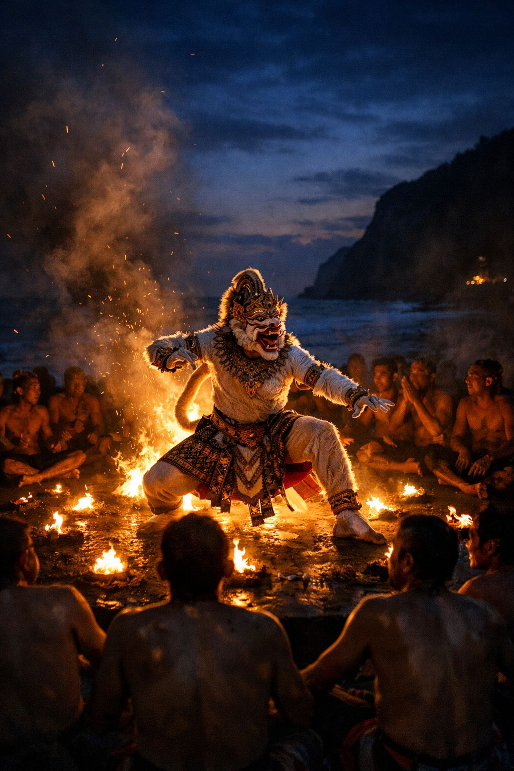 Adegan Tari Kecak dengan Hanoman, Rama, Sita, dan Rahwana di Pantai Melasti Bali
