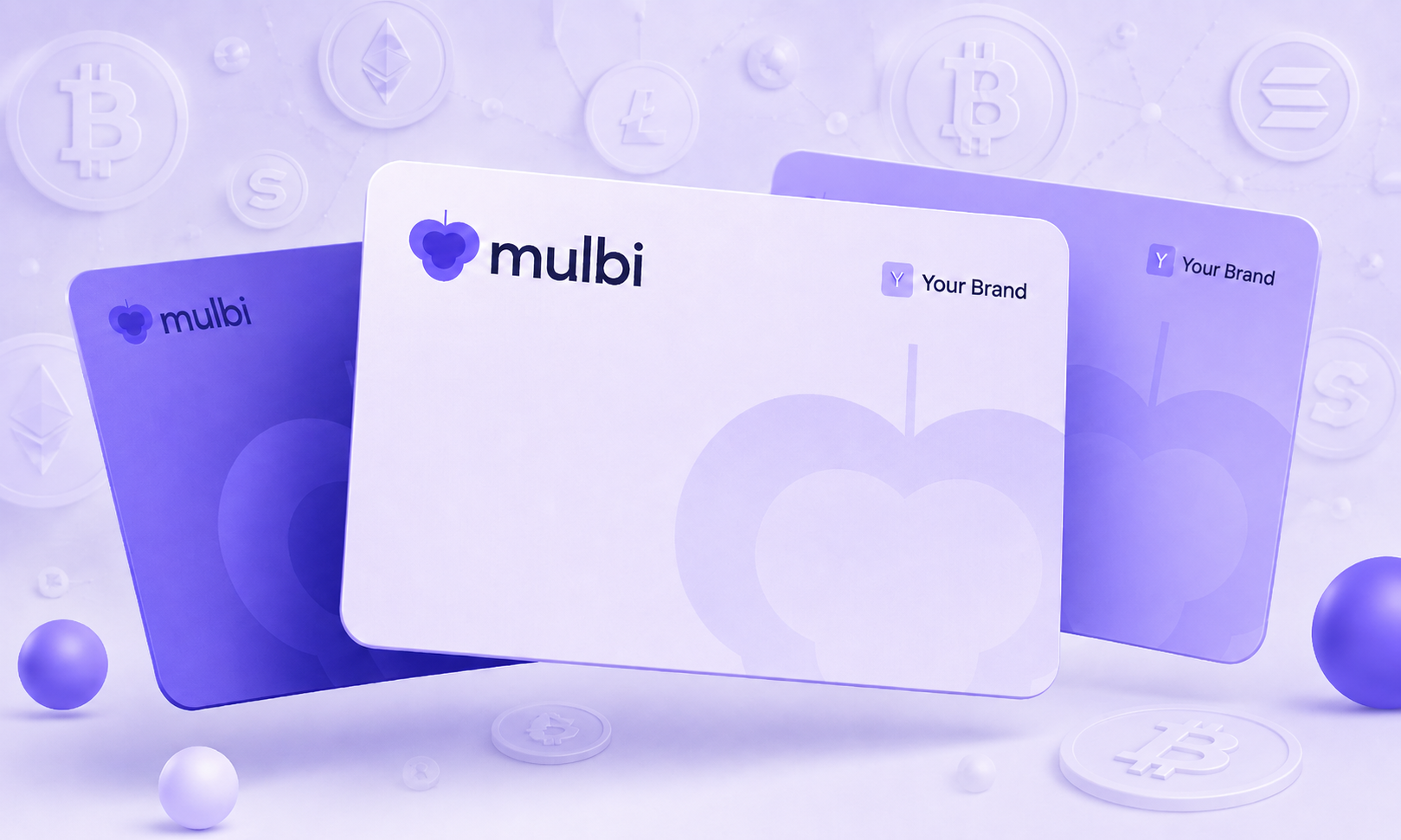Stack of mulbi branded virtual crypto cards floating on a soft purple background with floating crypto coins