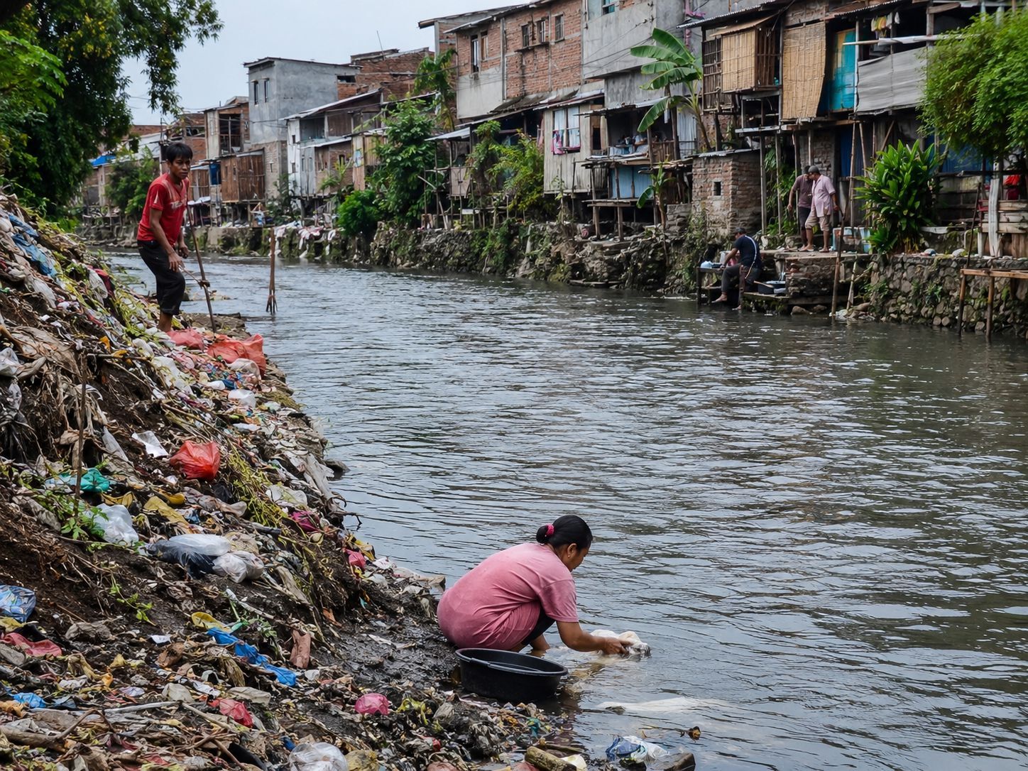Sampah rumah tangga di sungai kawasan permukiman Indonesia