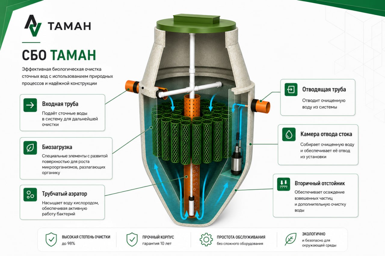 Схема септика ТАМАН с основными узлами и принципом работы