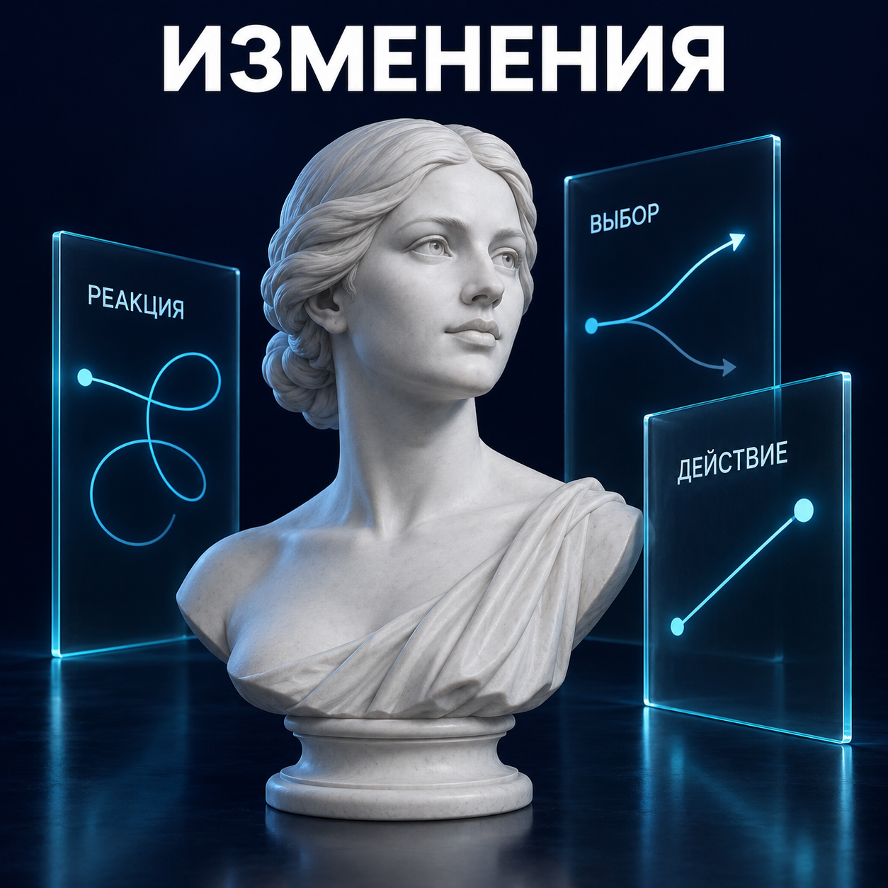Изменения: скульптурный бюст и схемы на прозрачном стекле