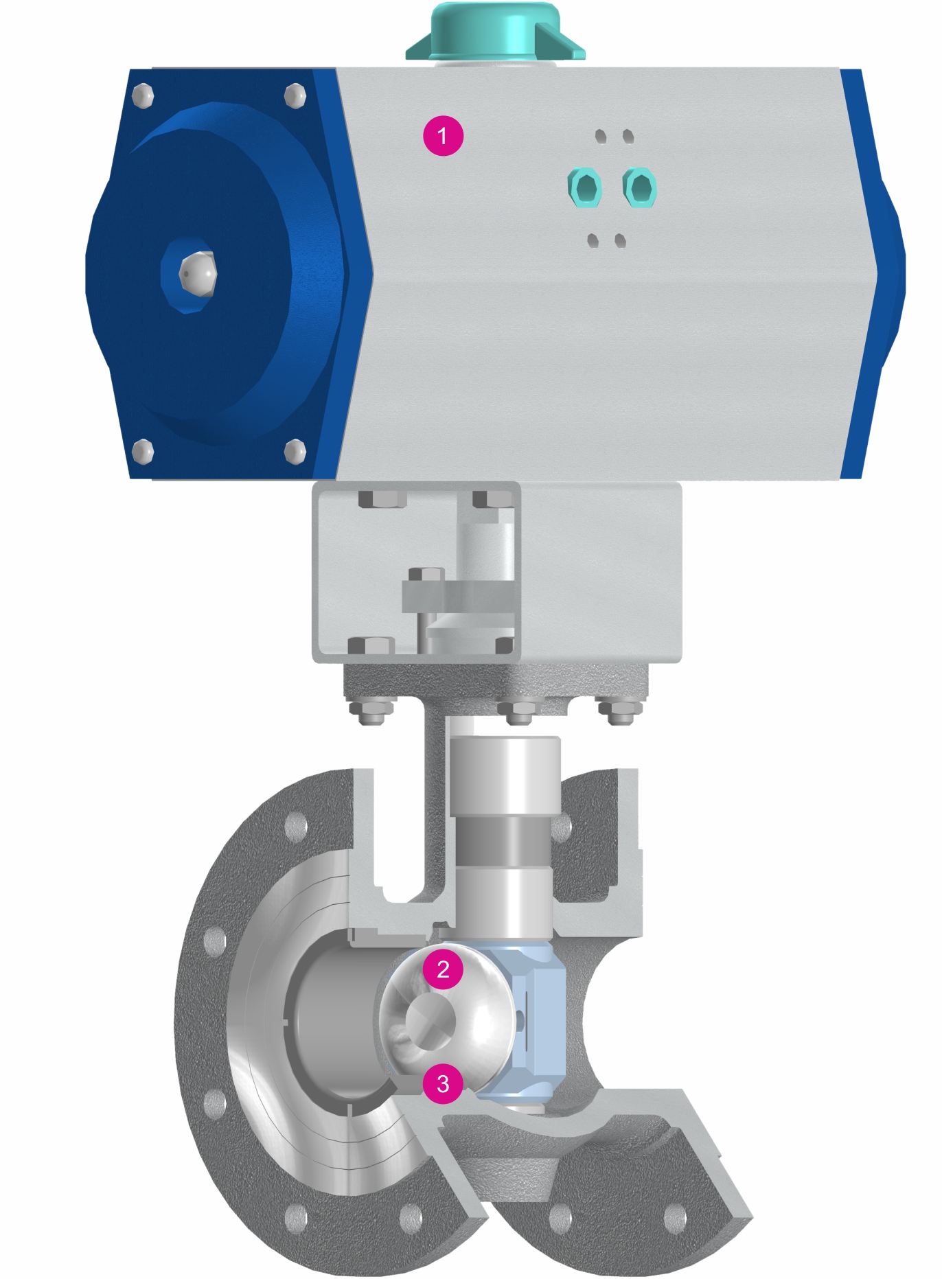 Конструкция сегментного регулирующего клапана с эксцентриковым плунжером Solidna Солидна с пневматическим приводом в разрезе. Такую конструкцию также называют Камфлекс. Плунжером является поворотный диск с двойным эксцентриком.