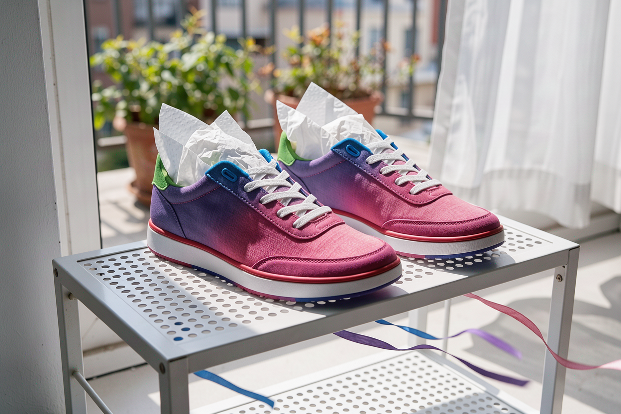 pair of sneakers drying on a ventilated shelf on a balcony with white paper stuffed inside, shaded sunlight and airflow visible, no logos