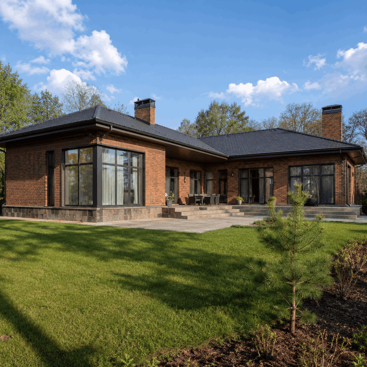 Brick L-House 136 — одноэтажный кирпичный дом с l-образной планировкой