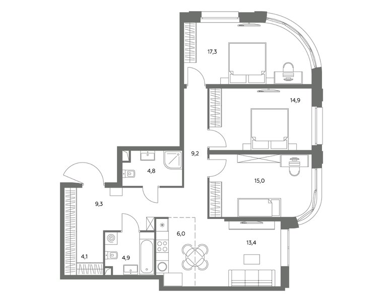 Планировка 4-комнатной квартиры 98,9 м² в ЖК «Адмирал»: корпус 1.1, секция 1, 42-й этаж