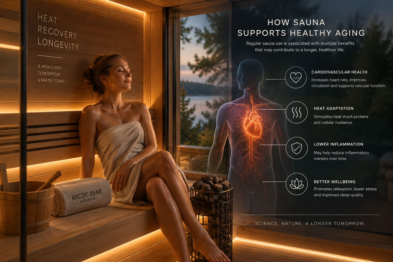 Premium sauna with a clean scientific overlay showing cardiovascular response, circulation and heat adaptation.