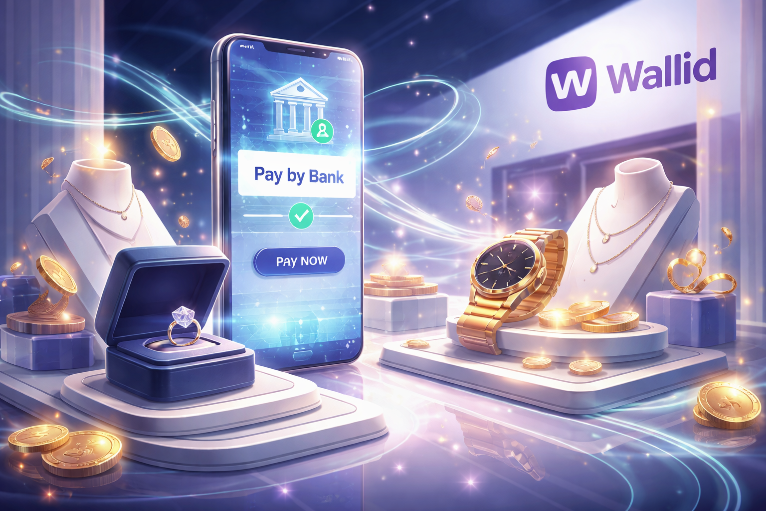 Futuristic WooCommerce jewelry checkout scene showing diamond ring and gold watch with smartphone displaying pay-by-bank interface and Wallid branding, representing high-value ecommerce payment optimisation in the UK.