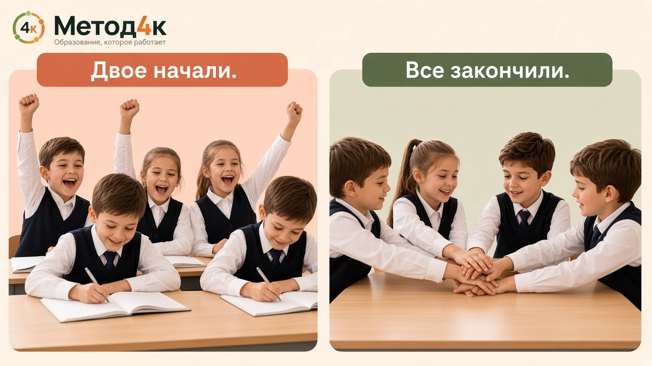 Слева двое начали шипучку, пока другие ещё пишут. Справа вся команда закончила и держится за руки