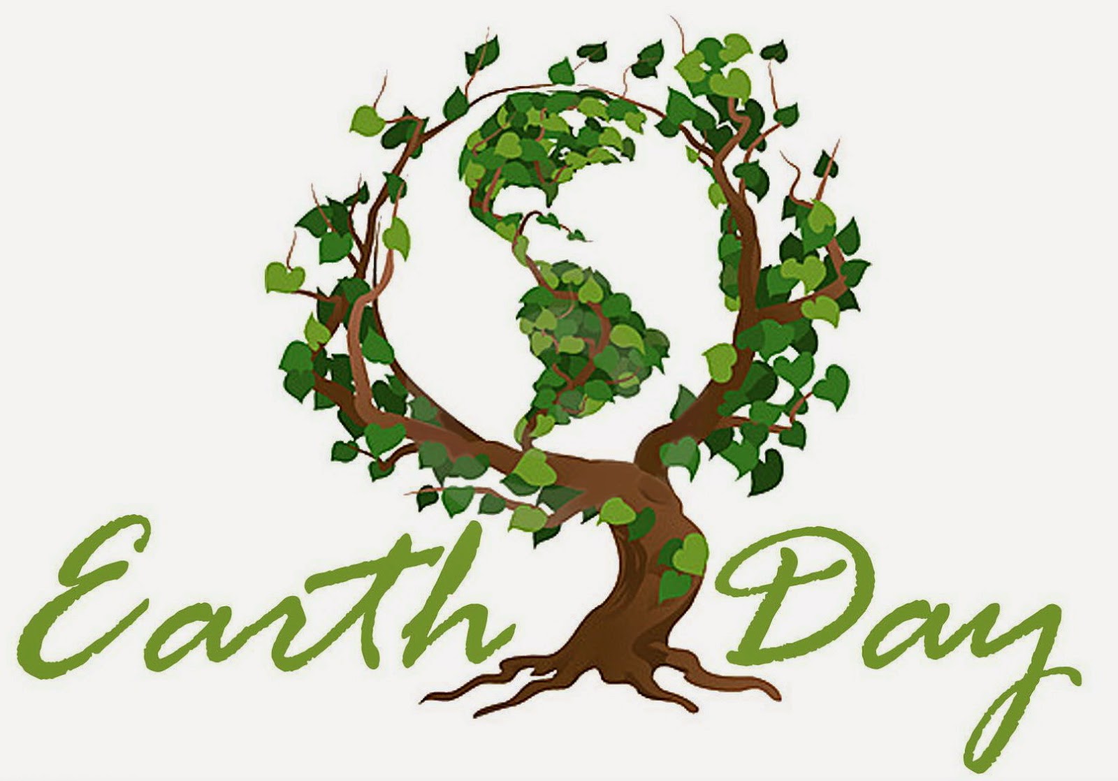 Logo with the text &quot;Earth Day&quot; below a drawing of a tree whose branches and leaves form a globe with North and South America in the center.