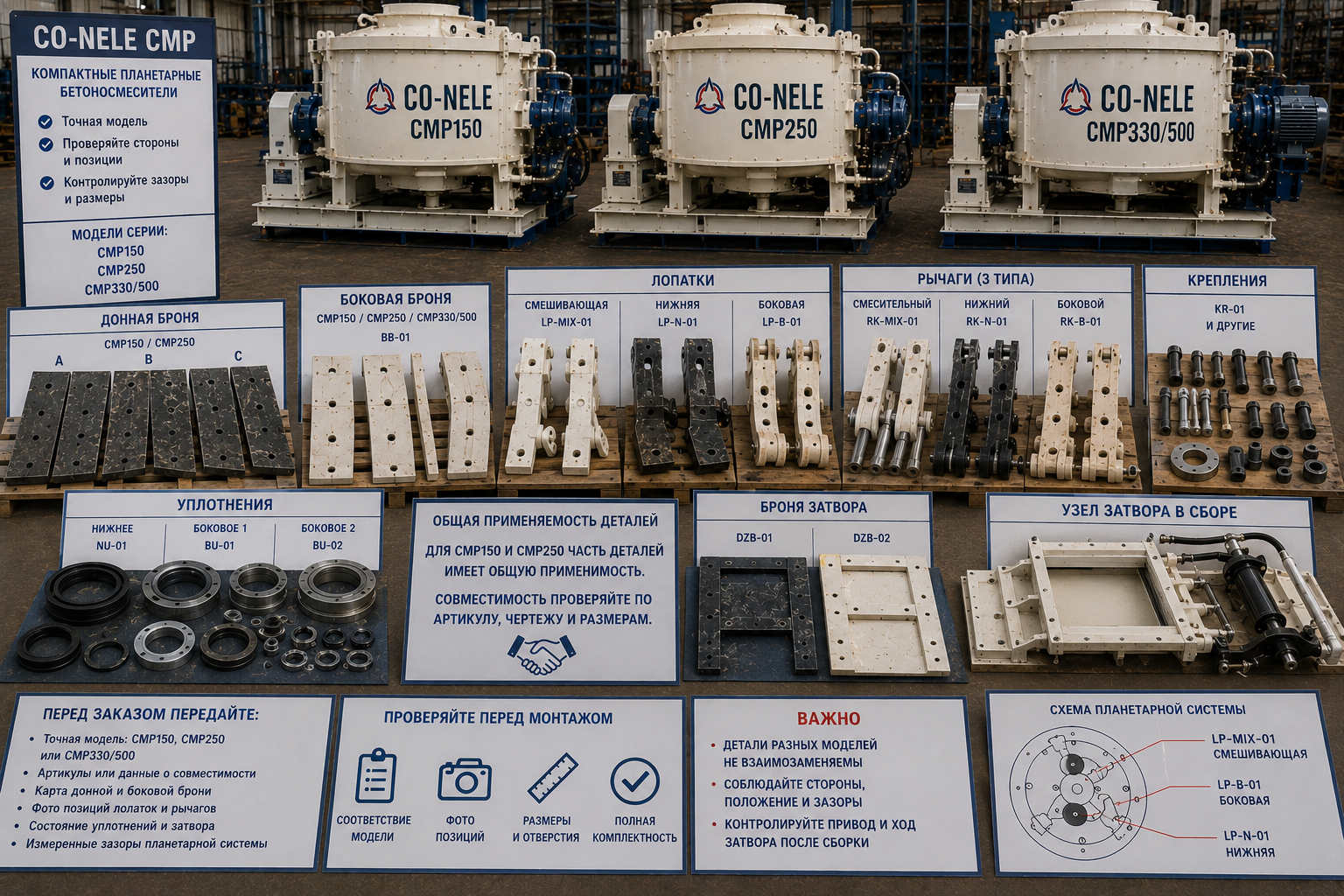 Запчасти CO-NELE CMP150–CMP500: броня, рычаги и уплотнения