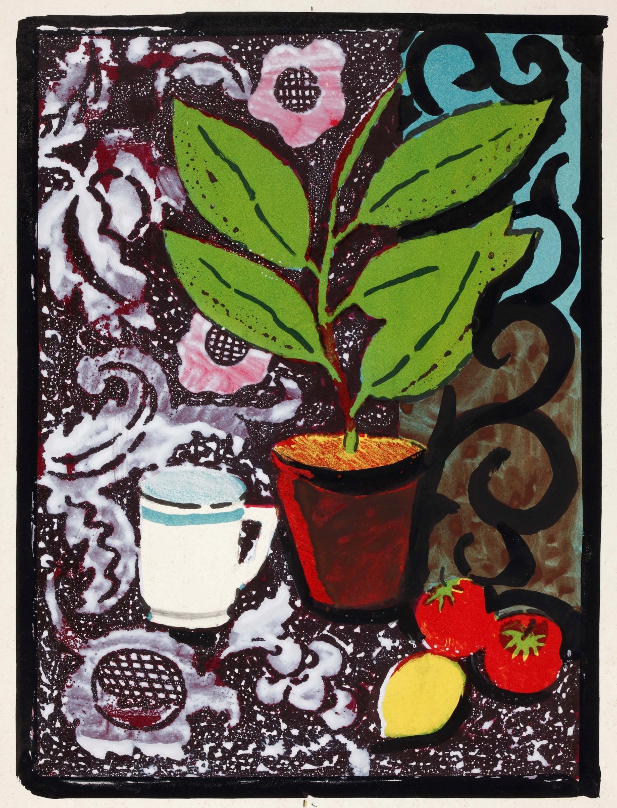 Ведерников А.С. Натюрморт с цветком, белой кружкой, помидорами и лимоном. 1960-е 