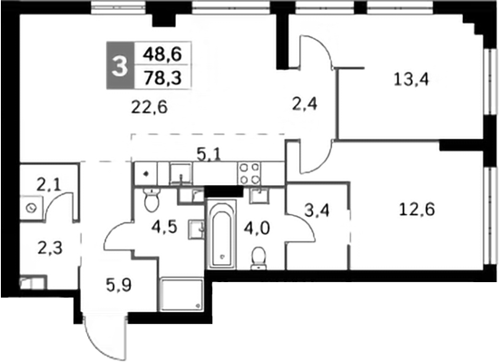 3-комн 78,3 м²