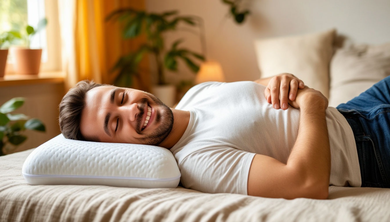мужчина лежит на кровати на ортопедической подушке