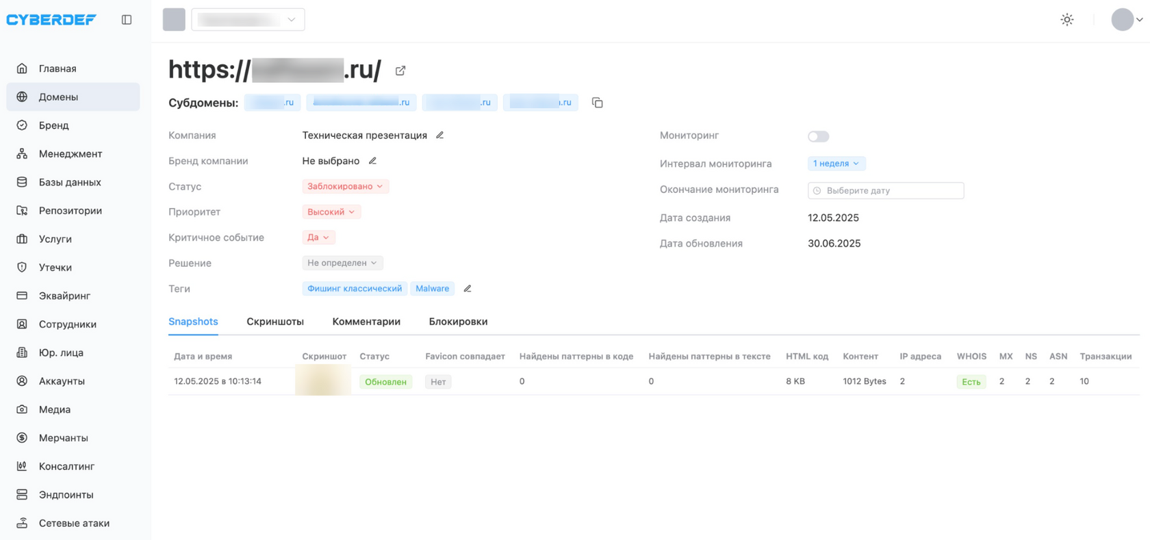 Интерфейс DRP-сервиса, как выглядит CYBERDEF 
