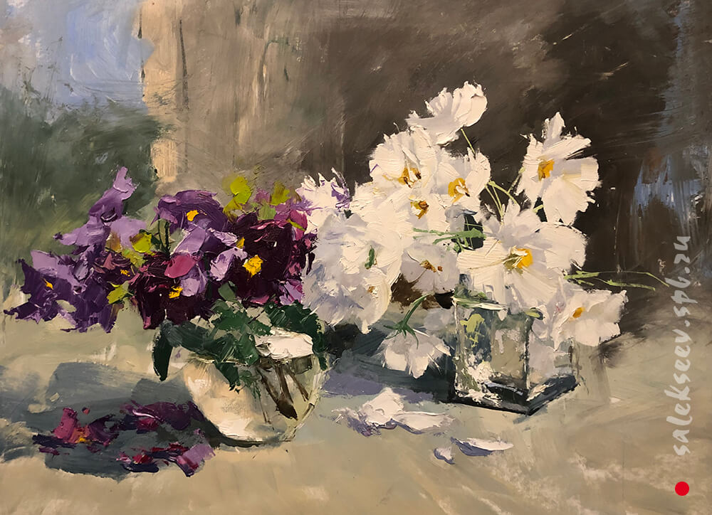 Cosmos and trinity violet. 2022. Oil on canvas, 40x60 cm
