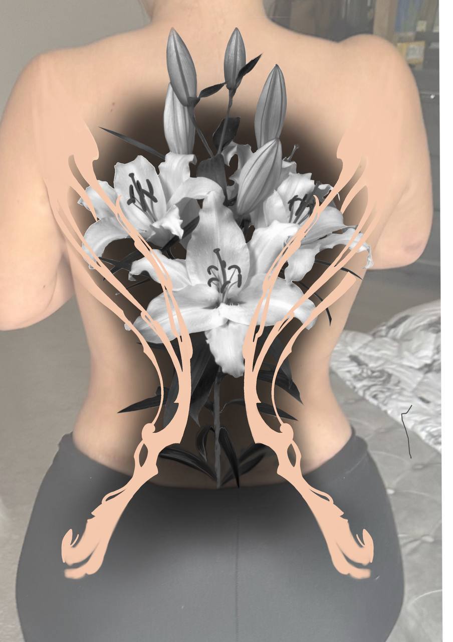 Elegant black and grey realism lily flower tattoo sketch and project for a woman's full back, featuring blooming lilies with delicate shading and ornamental flowing lines. Los Angeles