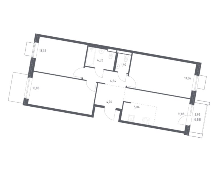 Планировка 3-комнатной квартиры 81,63 м² в ЖК «Квартал Западный»: корпус 6, секция 4, 7-й этаж