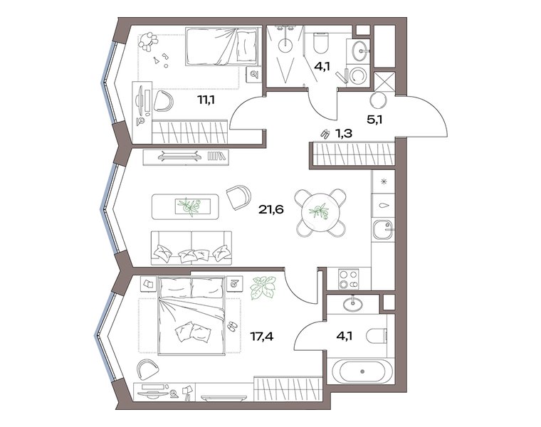 Планировка: 2-комнатная с европланировкой 65,7 м² в ЖК «Акценты», корпус 14, 11-й этаж