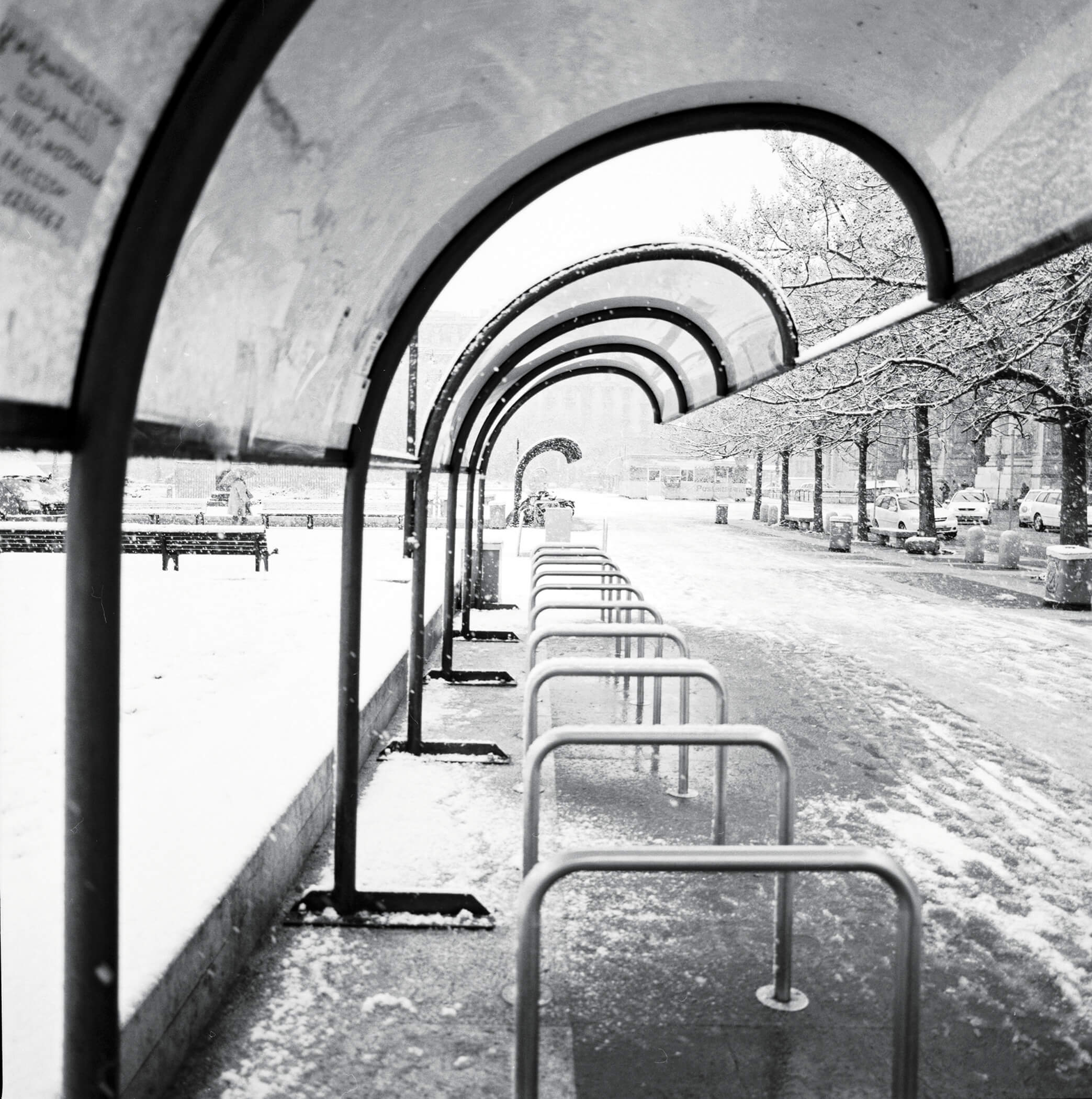 Snowy Bike Shelter. Milan. 2007. BW Negative 6×6.