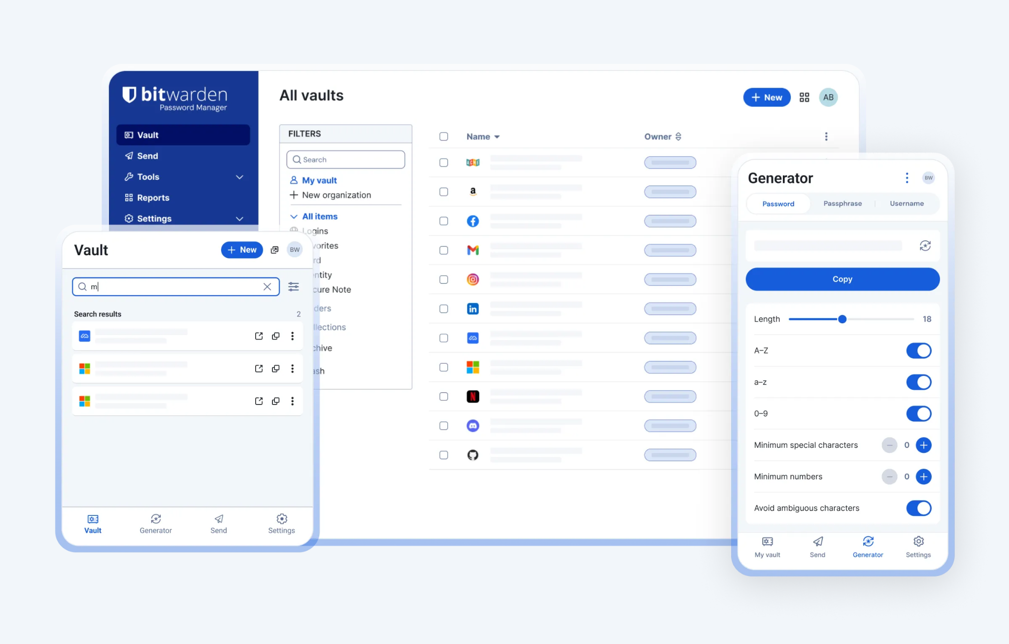 Интерфейс Bitwarden для компьютера и смартфона.