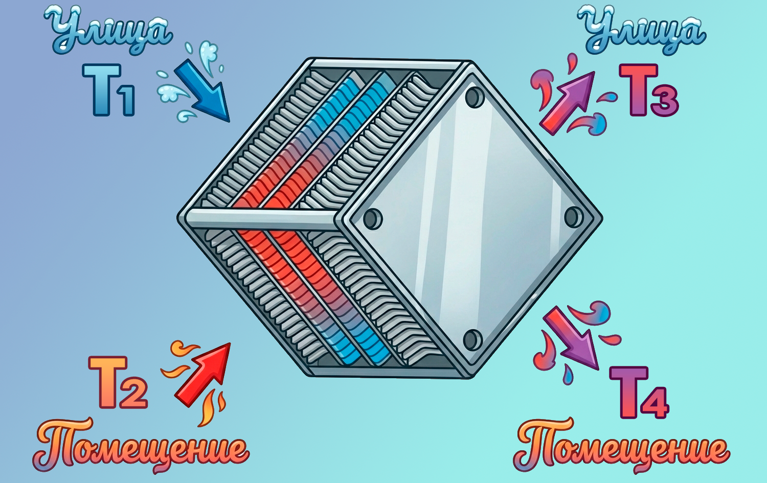 Схема пластинчатого рекуператора с обозначениями T1, T2, T3, T4 и формулой КПД