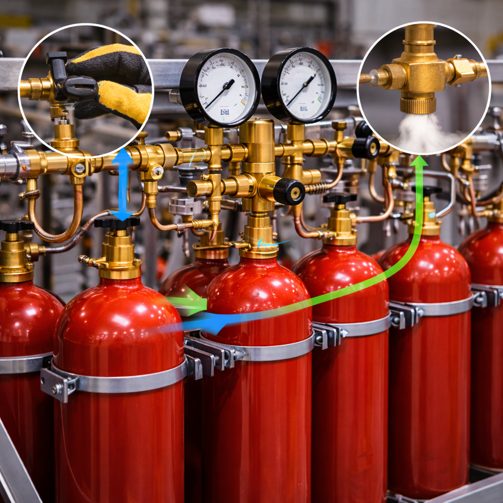 Газовый моноблок с несколькими баллонами, подключёнными к общему коллектору и трубопроводам для подачи газа в промышленной системе.