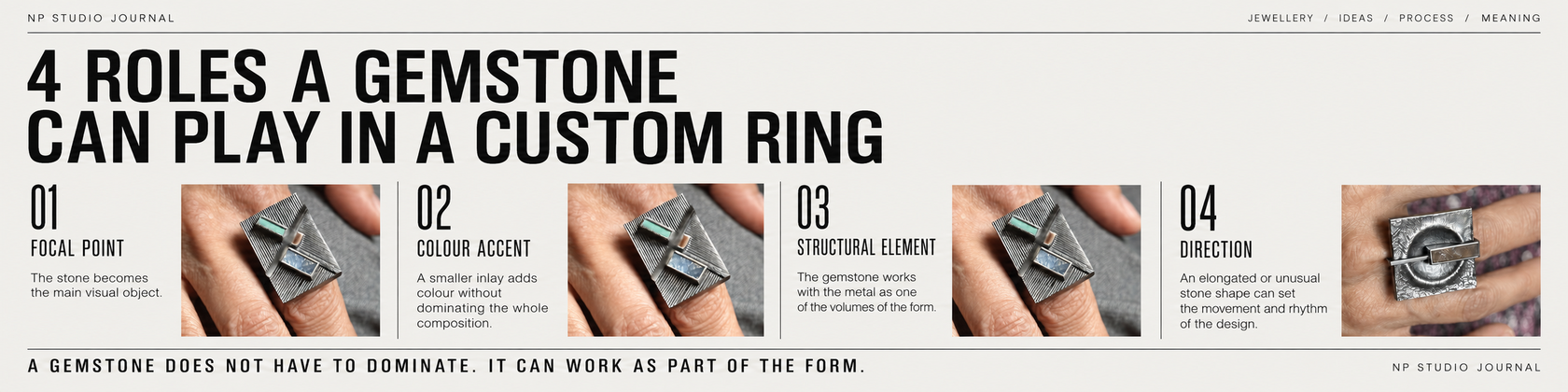 NP Studio Journal infographic showing four roles a gemstone can play in a custom ring: focal point, colour accent, structural element and direction.
