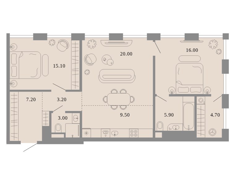 Планировка: квартира с 2 спальнями 84,6 м² в ЖК «Тессинский, V», дом Nox, 2-й этаж
